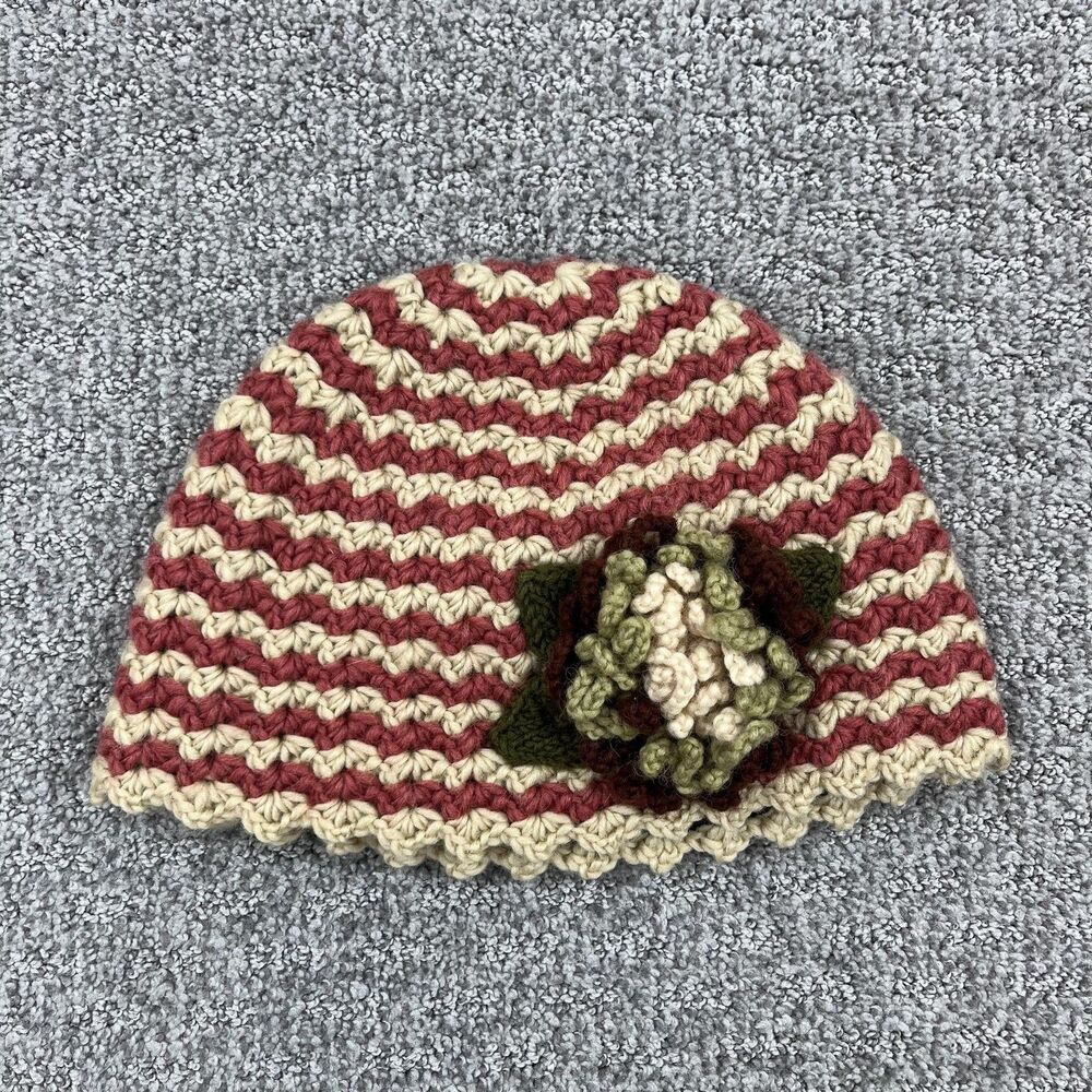 Tara Beanie Womens One Size Multicolor Crochet Flower Wool Nepal Boho Striped